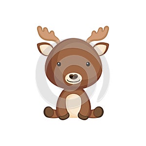 Cute funny sitting baby moose isolated on white background. Woodland adorable animal character for design of album, scrapbook,