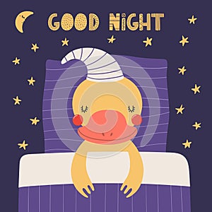 Cute funny sleeping duck with pillow, blanket