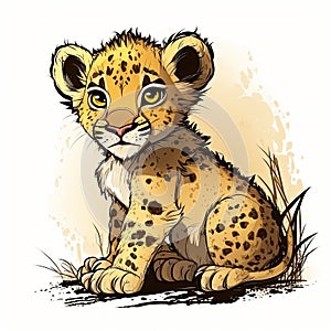 Cute and funny small lion. Color illustration of a cub mammal . Generative AI