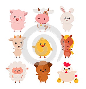 Cute funny smiling happy farm animals set