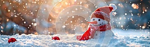 Cute and Funny Snowman with Winter Accessories in Snowscape with Bokeh Lights - Perfect for Christmas and Holiday Background