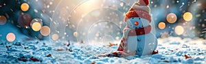 Cute and Funny Snowman with Winter Accessories in Snowscape with Bokeh Lights - Perfect for Christmas and Holiday Background