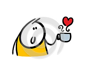 Cute, funny stickman guy holding a mug with a hot drink. Vector illustration of coffee or tea with steamed heart.