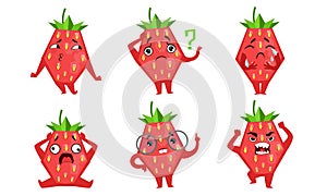 Cute Funny Strawberry Cartoon Character with Various Emotions Set Vector Illustration