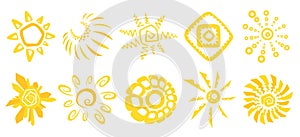 Cute funny sun icons. Bright and beautiful cartoon characters. Abstract yellow sun shapes. Hand drawn doodle suns. Suns