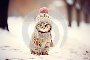 Cute funny tabby cat sitting in beige warm knitted hat and scarf on blurred snowy winter background.
