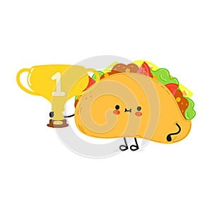 Cute funny taco hold gold trophy cup. Vector hand drawn cartoon kawaii character illustration icon. Isolated on white