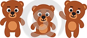 Cute funny teddy bear emoji standing, sitting, waiving - set of three bears cartoon vector illustrations