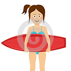 Cute funny teenager girl with a red surfboard over white background