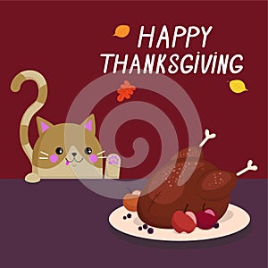 Cute, funny Thanksgiving illustration with a cat and roasted turkey