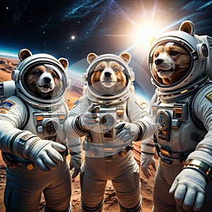 Cute funny three astronaut bears in spacesuits