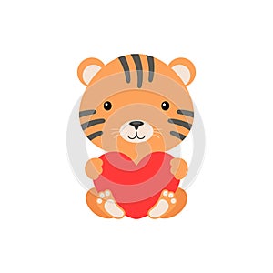 Cute funny tiger with heart on white background. Cartoon animal character for congratulation with St. Valentine day, greeting card