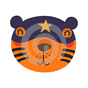 Cute funny tiger superhero face in mask cartoon character illustration.