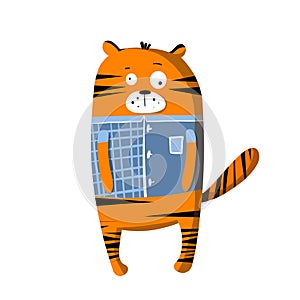 cute funny tiger in t-shirt, vector clipart, children's funny illustration with cartoon character