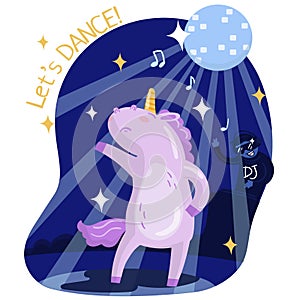 Cute funny unicorn dancing, music party. Lets dance vector