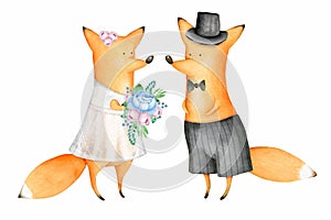Cute and Funny Watercolor Foxes. Animals. Wedding