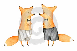 Cute and Funny Watercolor Foxes. Gentleman. Animal. Summer