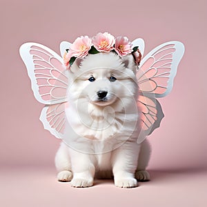 Cute funny white fluffy Samoyed puppy with a wreath of pink flowers on his head and butterfly wings