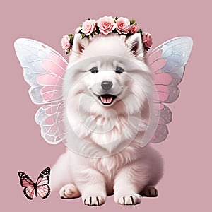 Cute funny white fluffy Samoyed puppy with a wreath of pink flowers on his head and butterfly wings