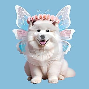 Cute funny white fluffy Samoyed puppy with a wreath of pink flowers on his head and butterfly wings