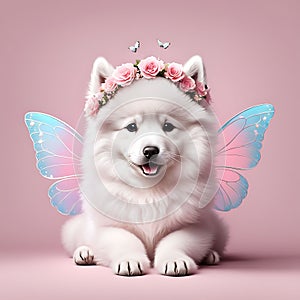 Cute funny white fluffy Samoyed puppy with a wreath of pink flowers on his head and butterfly wings