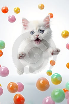 Cute funny white kitten jumping into flying colorful candy lollipops. Generative AI