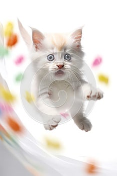 Cute funny white kitten jumping into flying colorful candy lollipops. Generative AI