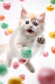 Cute funny white kitten jumping into flying colorful candy lollipops. Generative AI