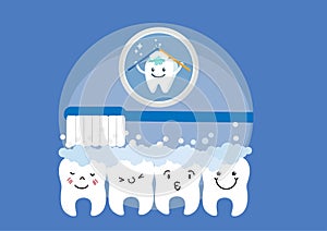 Cute funny white tooth. Brushing your teeth with a toothbrush with toothpaste and bubbles. Round icon flat design. Flat cartoon