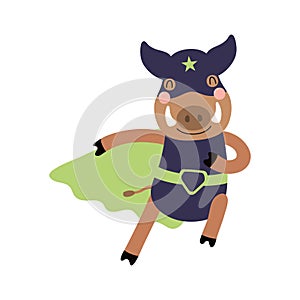 Cute funny wild boar superhero in costume cartoon character illustration.