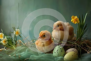 Cute funny yellow chick sitting with colorful bright Easter eggs on green background