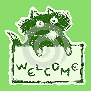 Cute fur cat with tablet welcome. Vector illustration.