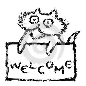 Cute fur friendly cat with tablet welcome. Vector illustration.