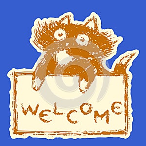 Cute fur friendly cat with tablet welcome. Vector illustration.