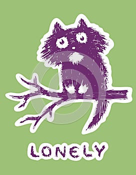 Cute fur lonly cat sits on tree branch. Vector illustration.