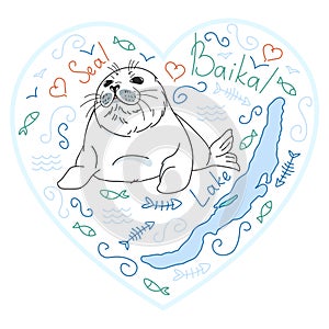 Cute fur seal, baby baikal lake nerpa on white background with doodle elements, animal extinction problem, Red List, editable