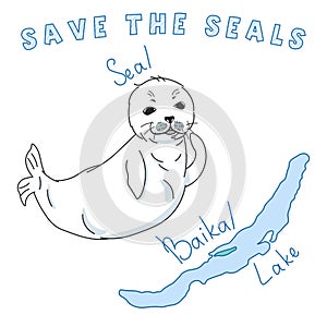 Cute fur seal, save the seals slogan, baby nerpa on baikal lake background, animal extinction problem, Red List, editable vector