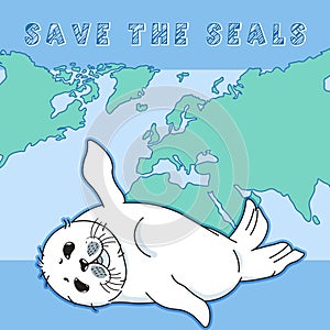 Cute fur seal, save the seals slogan, baby nerpa on worlds ocean background, animal extinction problem, Red List, editable vector