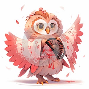 Cute furry baby monster female owl on white background