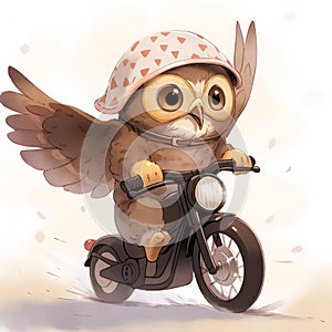 Cute furry baby monster owl riding on motorcycle on white background