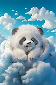 Cute Furry Baby Panda Sleeping on a Flying Cloud. Generative AI.
