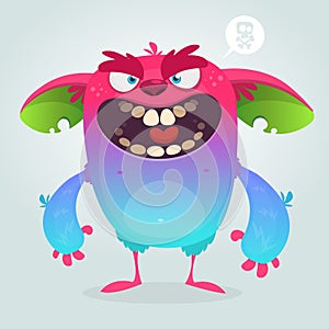 Cute furry blue monster troll or gremlin. Vector isolated. Design for children book