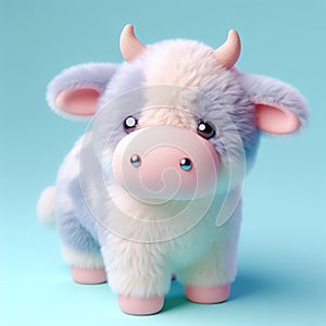 Cute furry cow toy in pastel colors. Toys for kids. AI generated