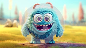 Cute Furry fluffy blue Monster, cartoon 3d, alien monster illustration, on