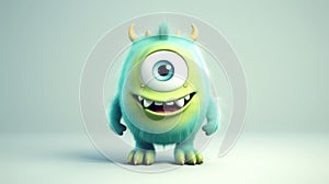 Cute Furry fluffy green Monster, cartoon 3d, alien monster illustration, on white background