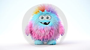 Cute Furry fluffy rainbow Monster, cartoon 3d, alien monster illustration, on white background