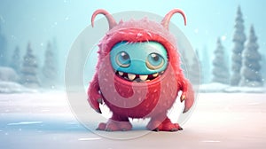 Cute Furry fluffy Red Monster, cartoon 3d, alien monster illustration, on winter