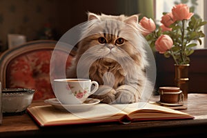 Cute furry grey cat sitting at table with cup of coffee and flowers