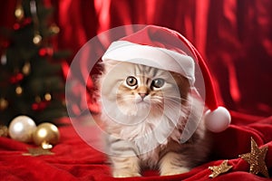 Cute furry kitten - Christmas Xmas season - Seasonal decoration - mix of white and brown fur - red background