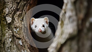 Cute furry kitten sitting on tree branch, looking at camera generated by AI